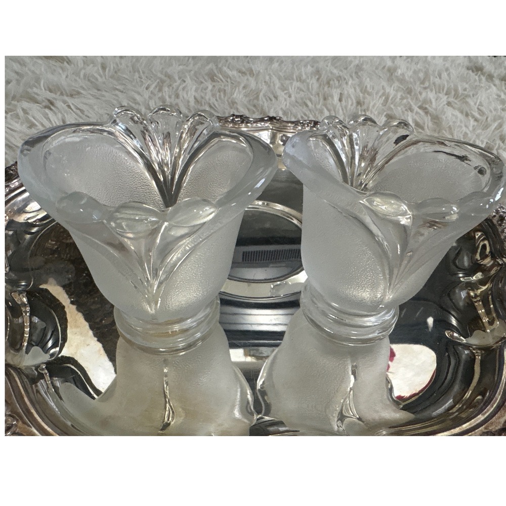 Vintage Crystal Clear Frosted Glass Tulip‎ Bud Vases Set of 2 Made in Indonesia